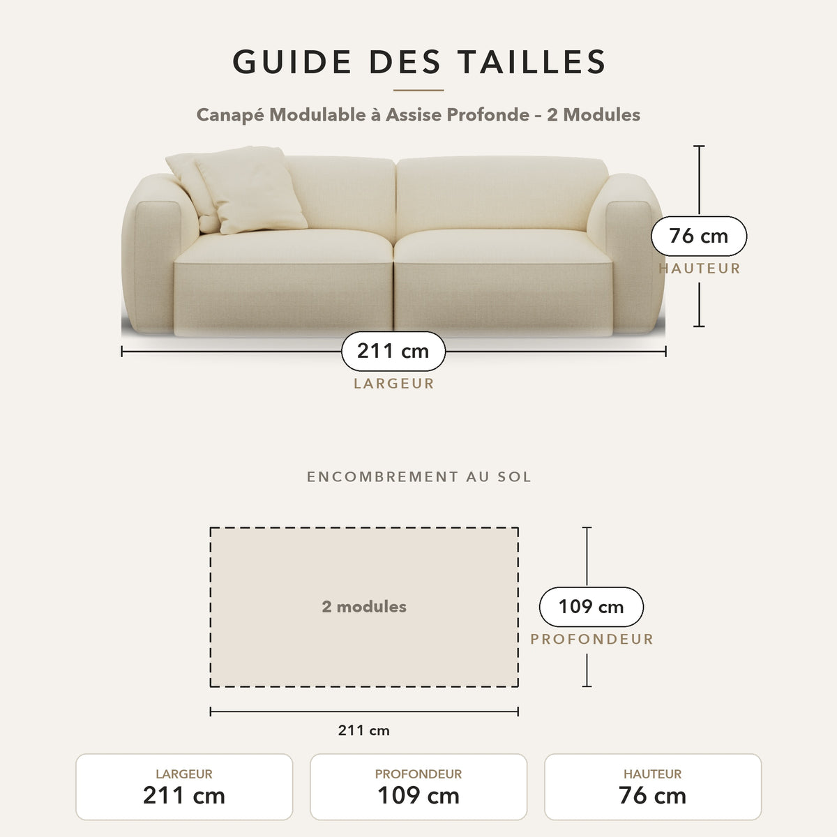 Guide des tailles – Canapé Modulable à Assise Profonde – 2 Modules