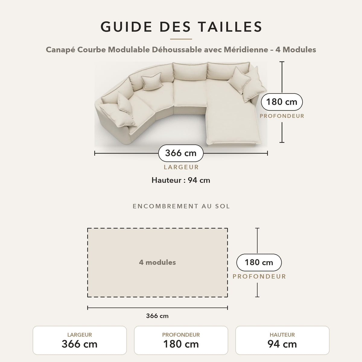 Guide des tailles – Canapé Courbe Modulable Déhoussable avec Méridienne – 4 Modules
