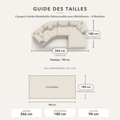 Guide des tailles – Canapé Courbe Modulable Déhoussable avec Méridienne – 4 Modules