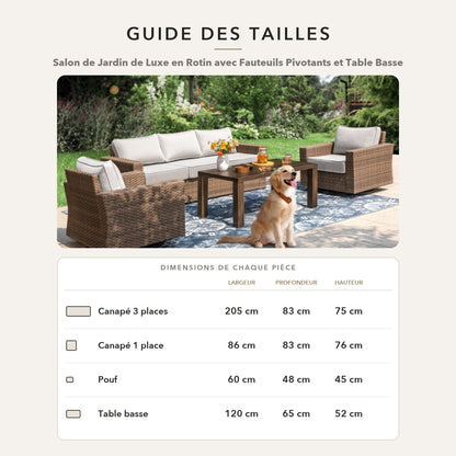 Guide des tailles – Salon de Jardin de Luxe en Rotin avec Fauteuils Pivotants et Table Basse