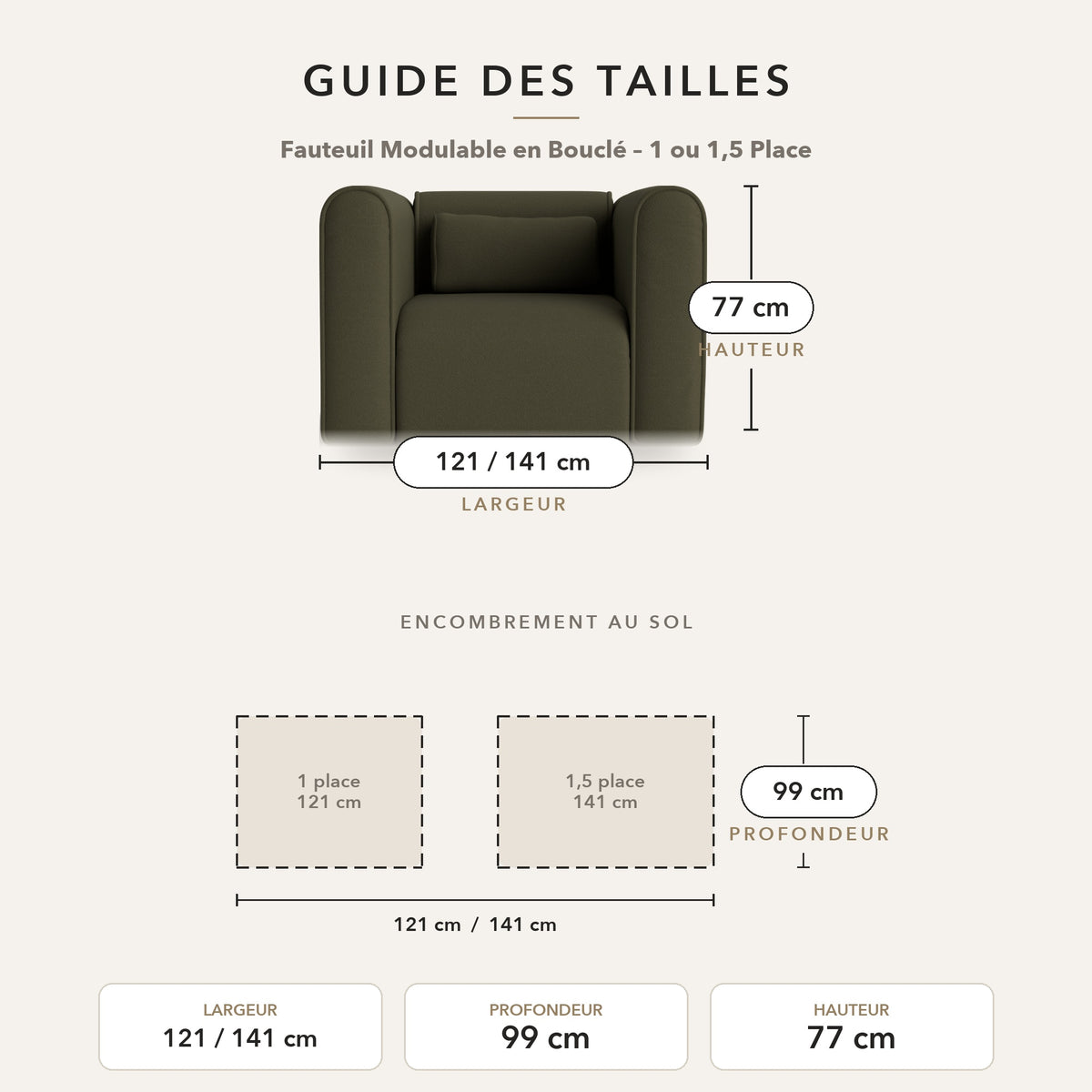 Guide des tailles – Fauteuil Modulable en Bouclé – 1 ou 1,5 Place