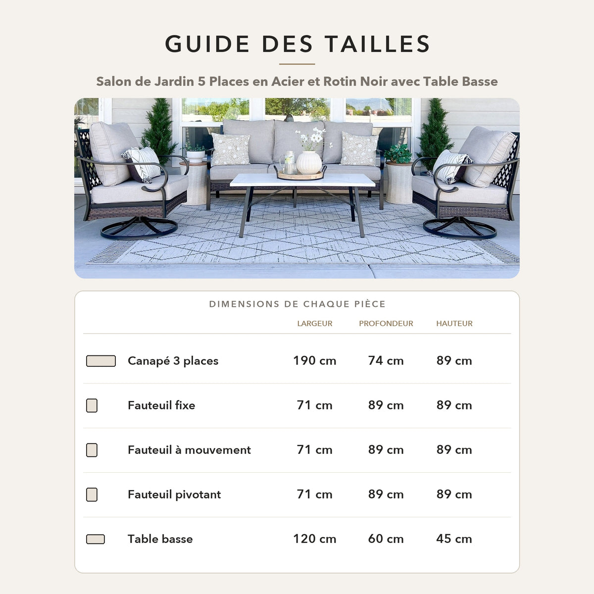 Guide des tailles – Salon de Jardin 5 Places en Acier et Rotin Noir avec Table Basse