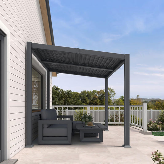 Pergola Adossée Grise à Lames Orientables