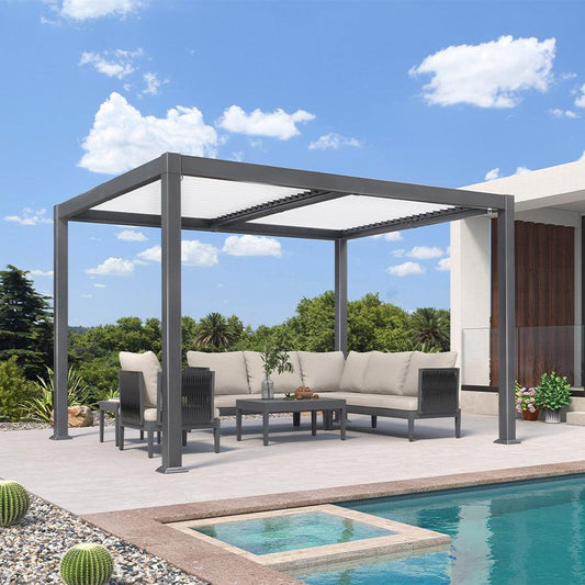 Pergola Bioclimatique Grise à Toit Blanc et Lames Orientables – Modèle 2