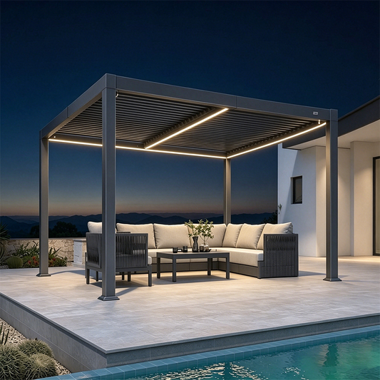 Pergola Bioclimatique Grise à Lames Orientables et Éclairage LED Solaire