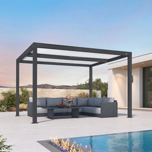 Pergola Bioclimatique Grise à Toit Blanc et Lames Orientables