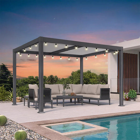 Pergola Bioclimatique à Lames Orientables et Guirlandes Lumineuses Jaunes – Modèle 3
