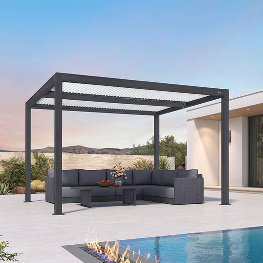 Pergola Bioclimatique Grise à Toit Blanc et Lames Orientables et Ensemble de Canapés Modulables