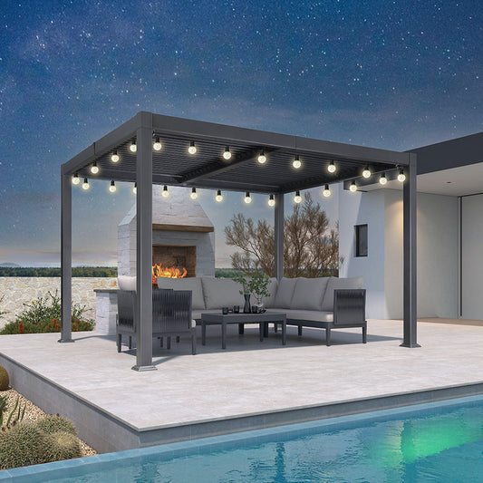 Pergola Bioclimatique à Lames Orientables et Guirlandes Lumineuses Jaunes