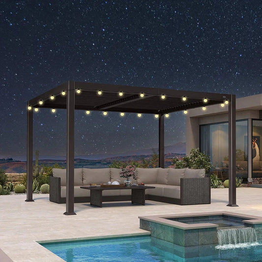 Pergola Bioclimatique à Lames Orientables et Guirlandes Lumineuses Jaunes – Modèle 2