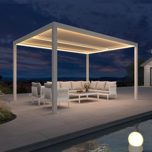 Pergola Bioclimatique Blanche à Lames Orientables et Bandes LED
