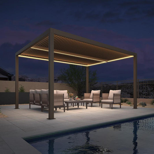 Pergola Bioclimatique Bronze à Lames Orientables et Bandes LED