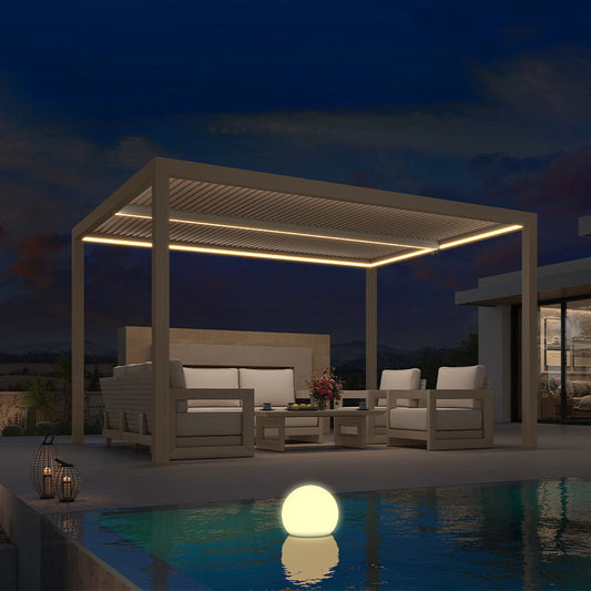 Pergola Bioclimatique Champagne à Lames Orientables et Bandes LED