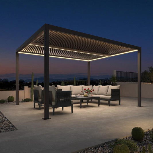 Pergola Bioclimatique Grise à Lames Orientables et Bandes LED