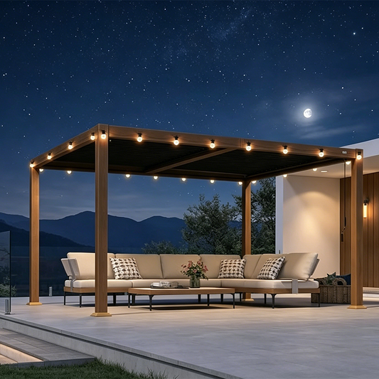 Pergola Bioclimatique Effet Bois à Toit Gris et Lames Orientables et Guirlandes Lumineuses Jaunes