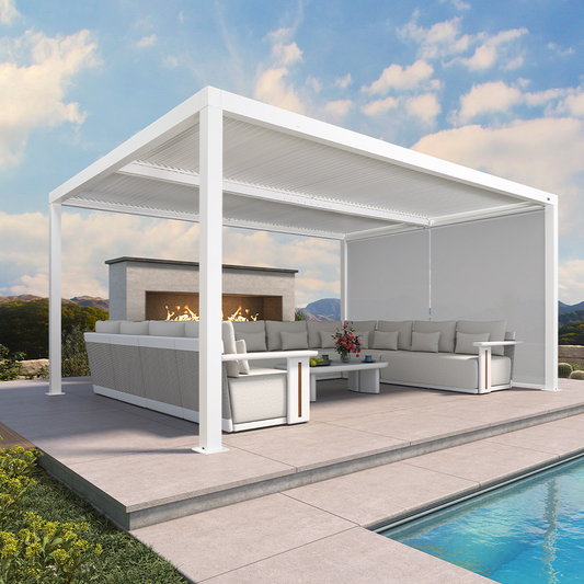 Pergola Bioclimatique Blanche à Lames Orientables et Store Enrouleur – Modèle 2