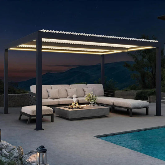 Pergola Bioclimatique Grise à Lames Orientables et Bandes LED – Modèle 2