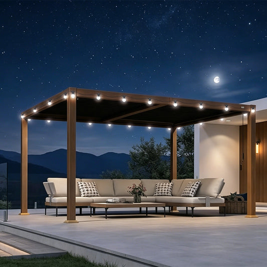 Pergola Bioclimatique Effet Bois à Toit Gris et Lames Orientables et Guirlandes Lumineuses Blanc Laiteux