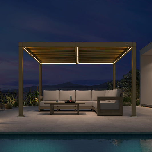 Pergola Bioclimatique Champagne à Lames Orientables et Éclairage LED Solaire