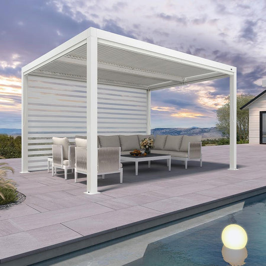 Pergola Bioclimatique Blanche à Lames Orientables et Store Enrouleur