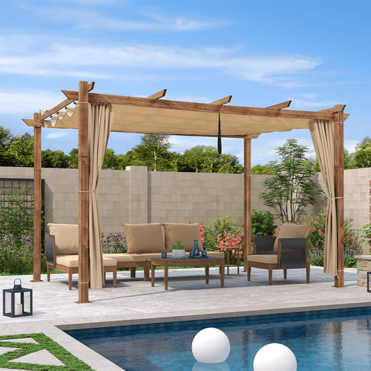 Pergola Rétractable à Toile Coulissante – Aluminium Effet Bois, Rideaux