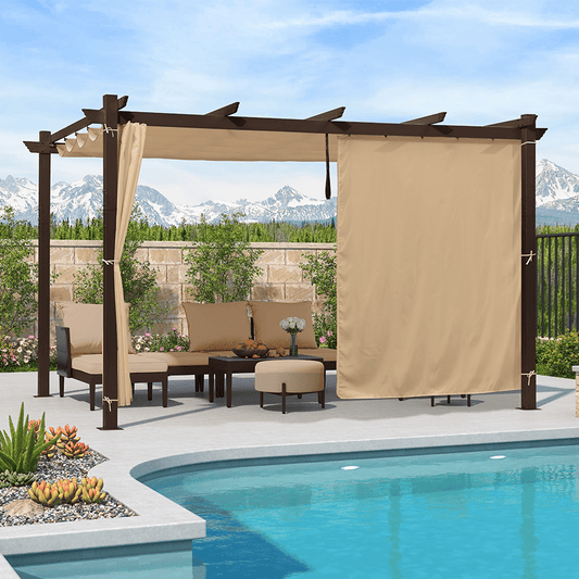 Pergola Rétractable à Toile Coulissante – Aluminium Bronze, Rideaux