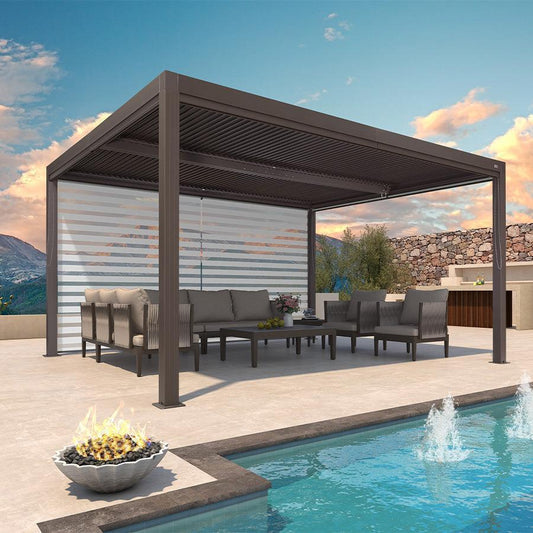 Pergola Bioclimatique Bronze à Lames Orientables et Store Enrouleur