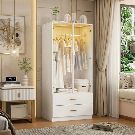 Glass LED Wardrobe with Drawers