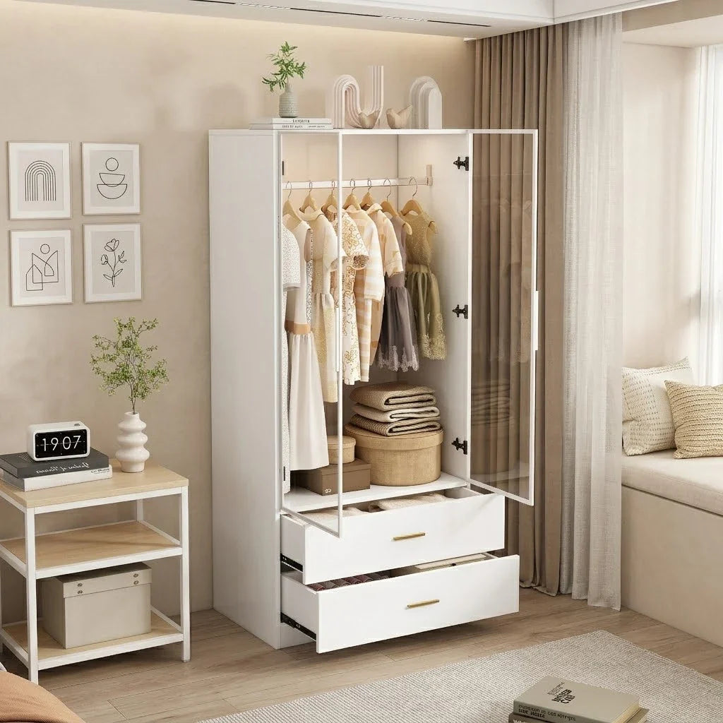 Glass LED Wardrobe with Drawers