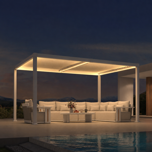 Pergola Bioclimatique Blanche à Lames Orientables et Éclairage LED Solaire