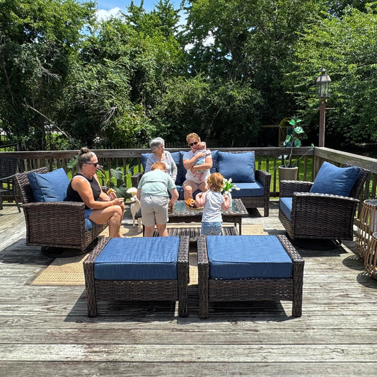 Salon de Jardin Vintage 7 Places Pivotant en Rotin avec Poufs et Table