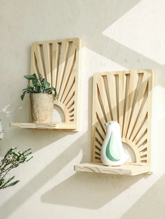 Bohemian Sunburst Natural Wood Wall Shelf