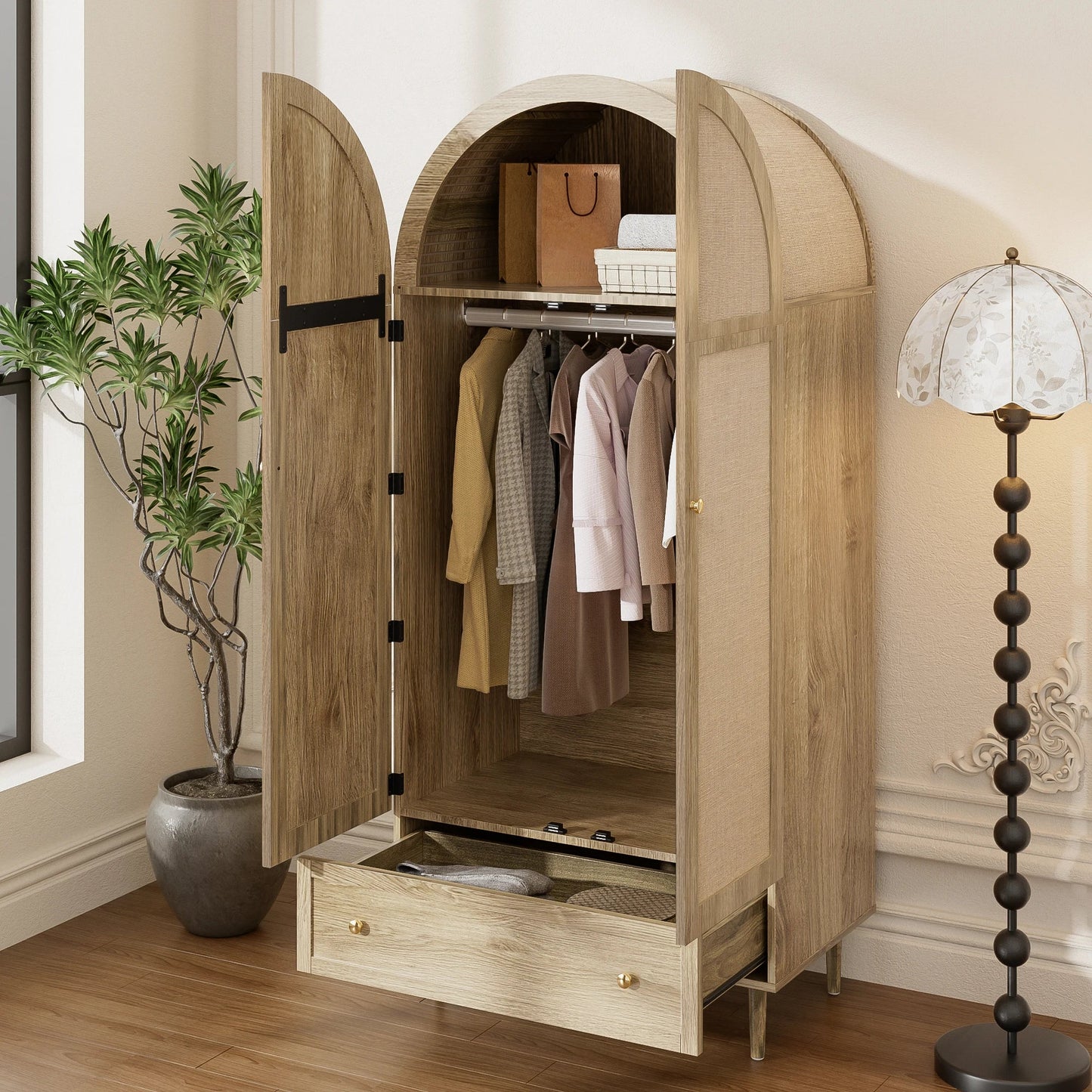 Wood Wardrobe with Arched Linen Doors