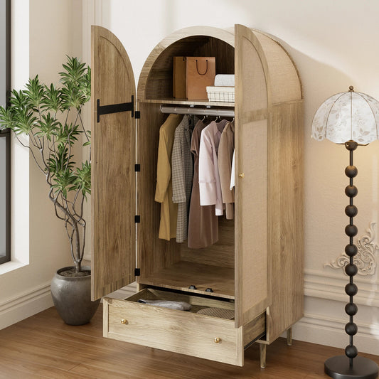 Wood Wardrobe with Arched Linen Doors