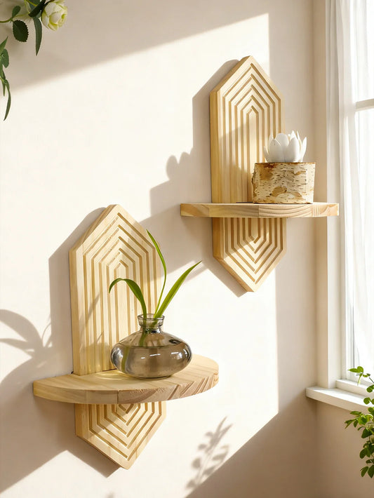 Bohemian Geometric Natural Wood Wall Shelves