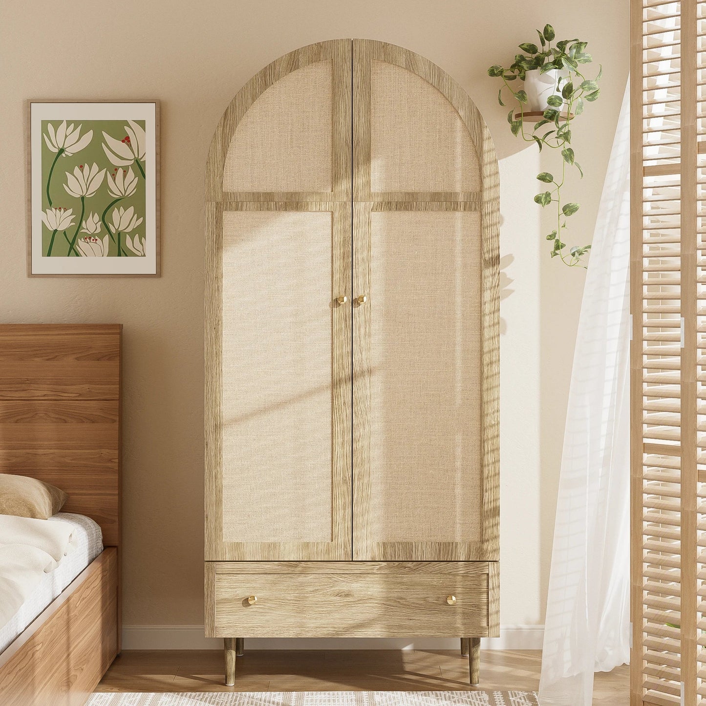 Wood Wardrobe with Arched Linen Doors