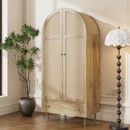 Wood Wardrobe with Arched Linen Doors