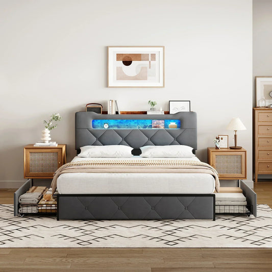 Velvet Ottoman Storage Bed with LED & 4 Drawers
