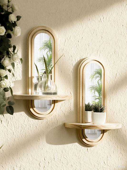 Bohemian Natural Wood Wall Shelf with Mirror