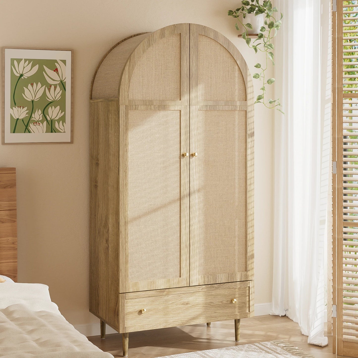 Wood Wardrobe with Arched Linen Doors