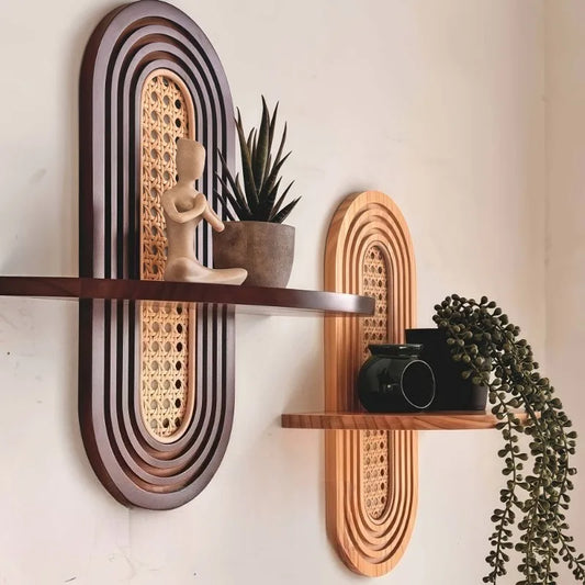 Bohemian Woven Wood and Rattan Wall Shelf