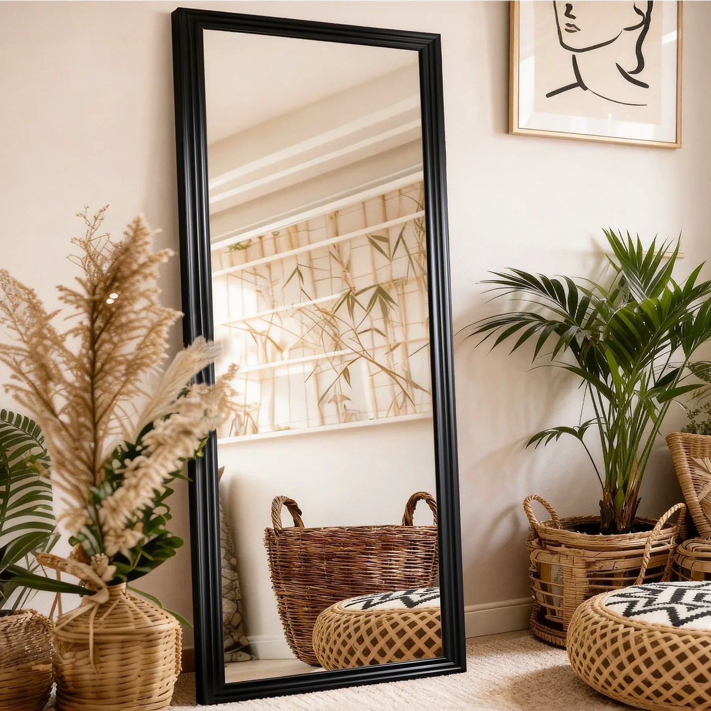 Rectangular Wood-Framed Full-Length Mirror