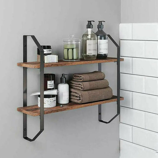 Industrial 2-Tier Wood & Metal Wall Shelf