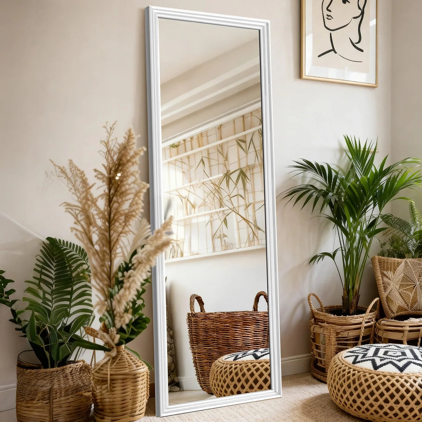 Rectangular Wood-Framed Full-Length Mirror