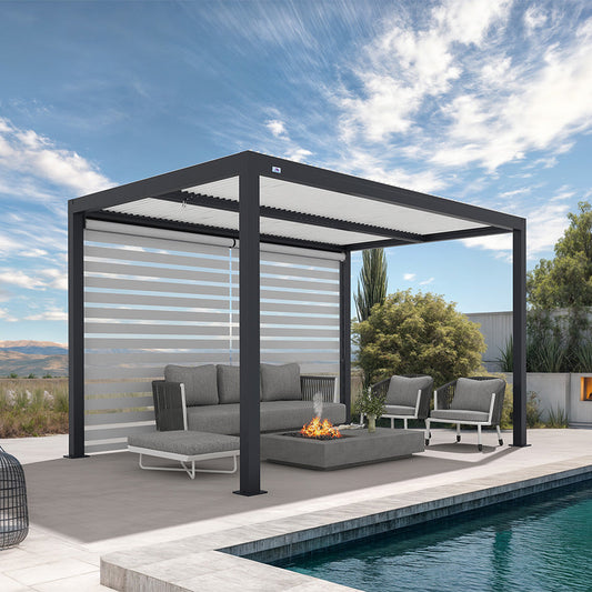 Pergola Bioclimatique Grise à Lames Orientables et Stores Enrouleurs