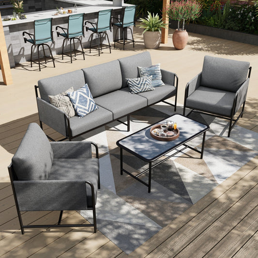 Salon de Jardin 5 Places Gris avec Table en Marbre