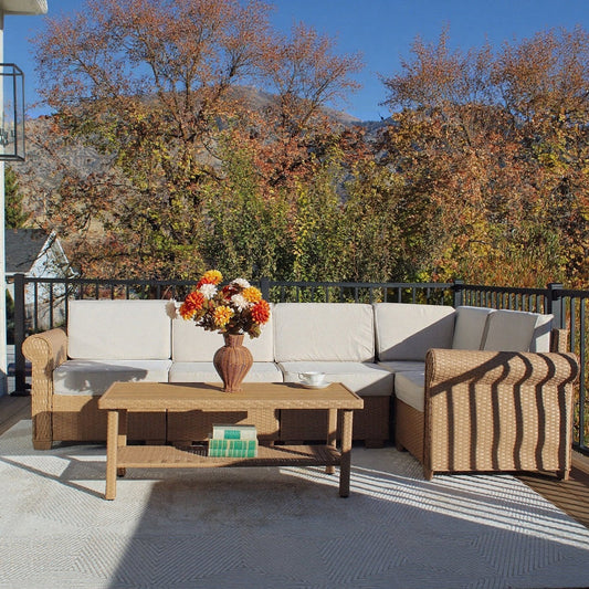Salon d'Angle de Jardin en Rotin Tressé avec Table Basse en Rotin
