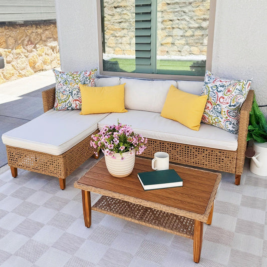 Salon de Jardin Bohème 4 Places en Rotin et Acacia avec Table Basse Double Plateau