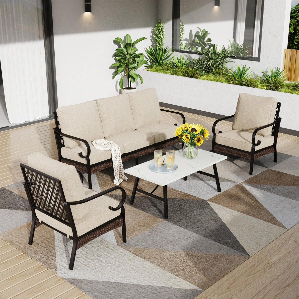 Salon de Jardin 5 Places en Acier et Rotin Noir avec Table Basse