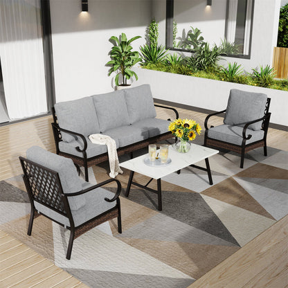 Salon de Jardin 5 Places en Acier et Rotin Noir avec Table Basse
